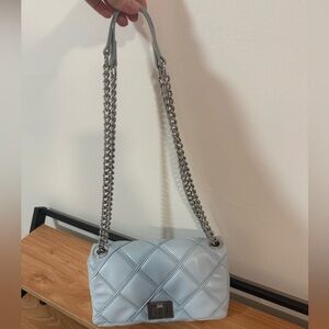 INC International Concepts Pale Blue Quilted Shoulder Bag with Silver Chain